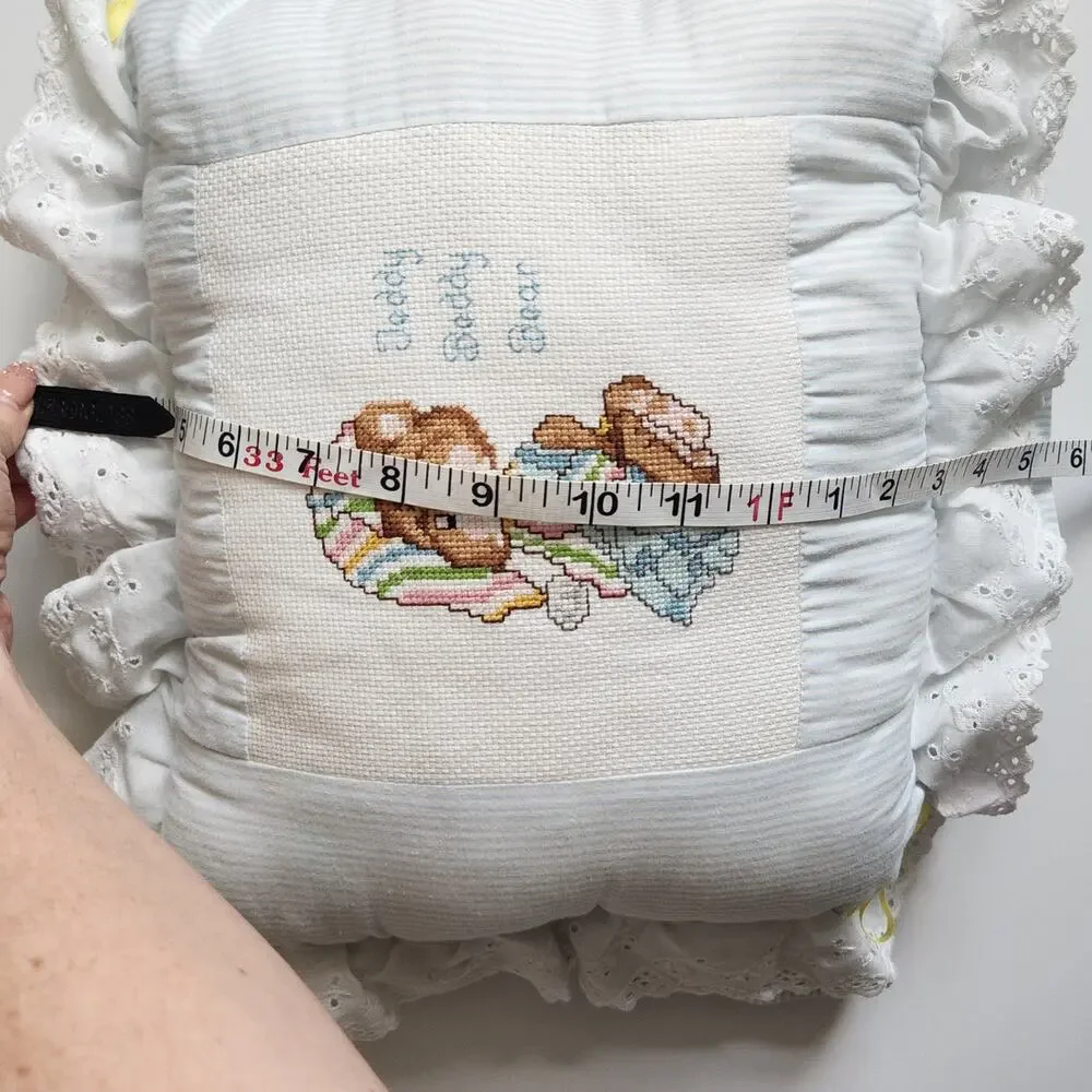 Vintage 80s Teddy Beddy Bear Cross Stitch Baby Pillow – Retro Nursery Décor